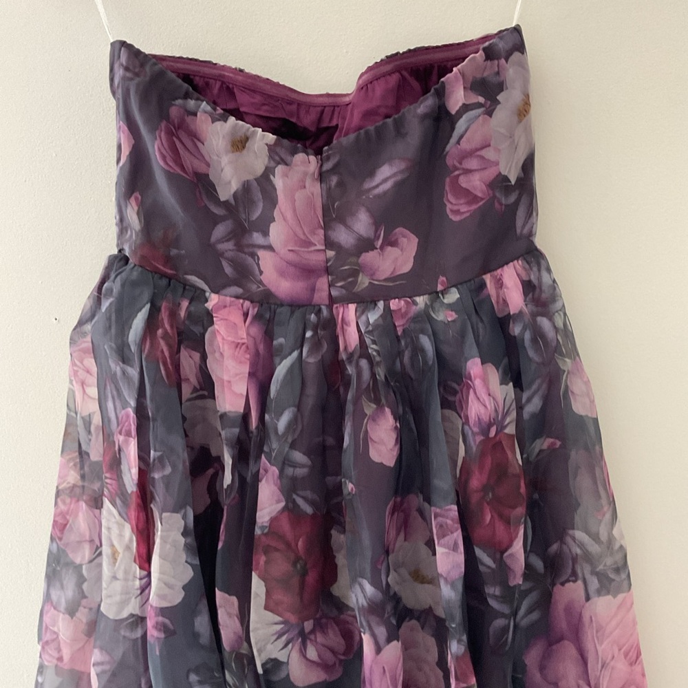 Lulus Wonderful Waltz Purple Floral Print Strapless Bustier Organza Maxi Dress S - Picture 8 of 14